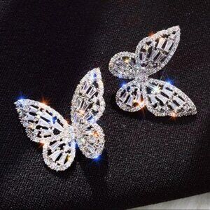 SILVER & SIMULATED DIAMOND BUTTERFLY PIERCED EARRINGS